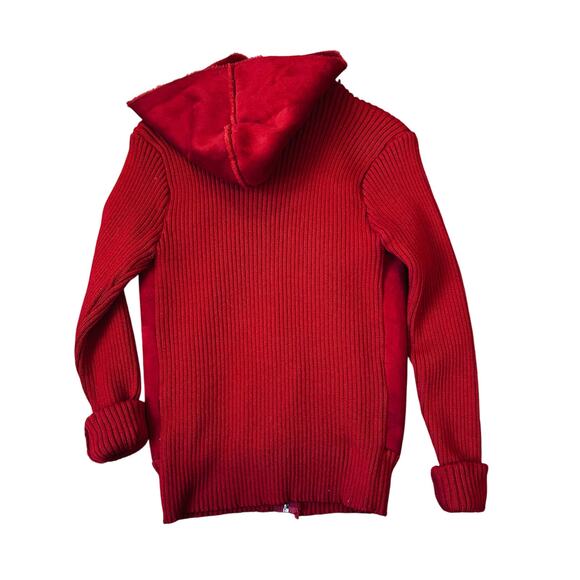 Y2K Cherry Red Faux Suede Leather Jacket Hooded Knit Vintage Faux Fur - Picture 2 of 11